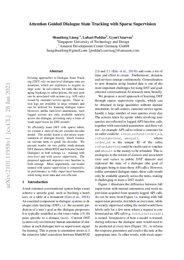 (PDF) Attention Guided Dialogue State Tracking with Sparse Supervision