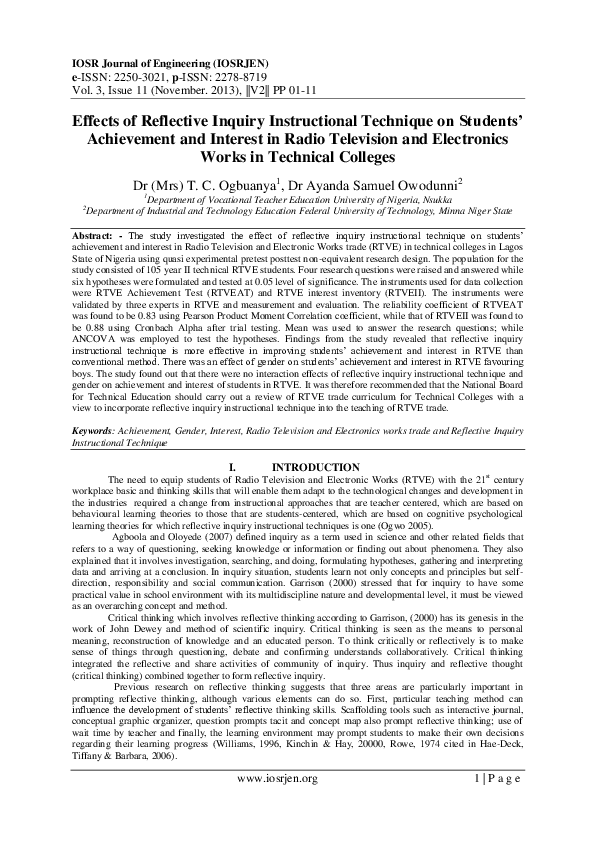(PDF) Effects of Reflective Inquiry Instructional Technique on Students ...