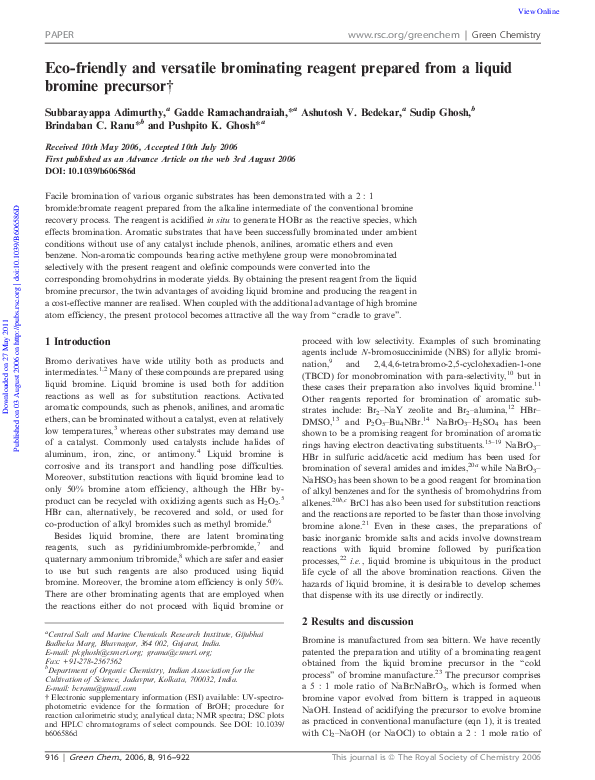 (PDF) Ecofriendly and versatile brominating reagent prepared from a liquid bromine precursor