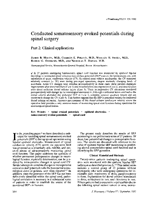(PDF) Conducted somatosensory evoked potentials during spinal surgery