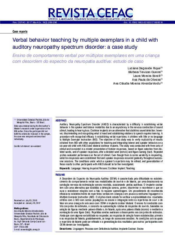(PDF) Verbal behavior teaching by multiple exemplars in a child with ...