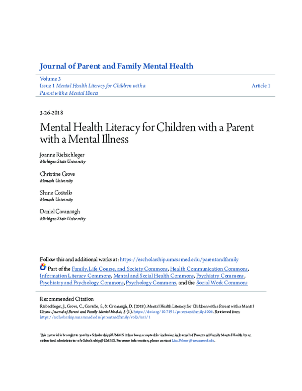 (PDF) Mental Health Literacy for Children with a Parent with a Mental ...