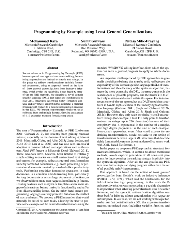 (PDF) Programming by example using least general generalizations