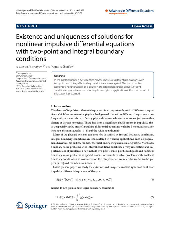 (PDF) Existence and uniqueness of solutions for nonlinear impulsive ...