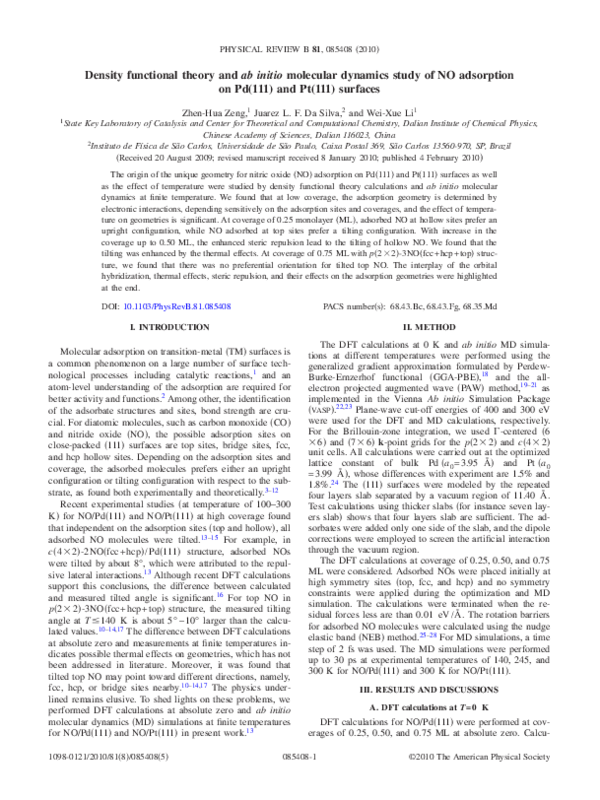 (PDF) Density functional theory and ab initio molecular dynamics study ...