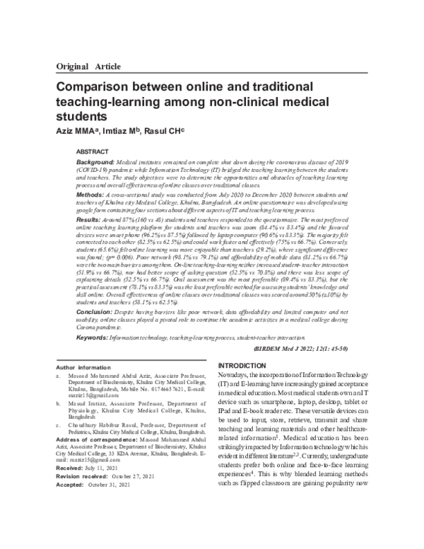 (PDF) Comparison between online and traditional teaching-learning among ...