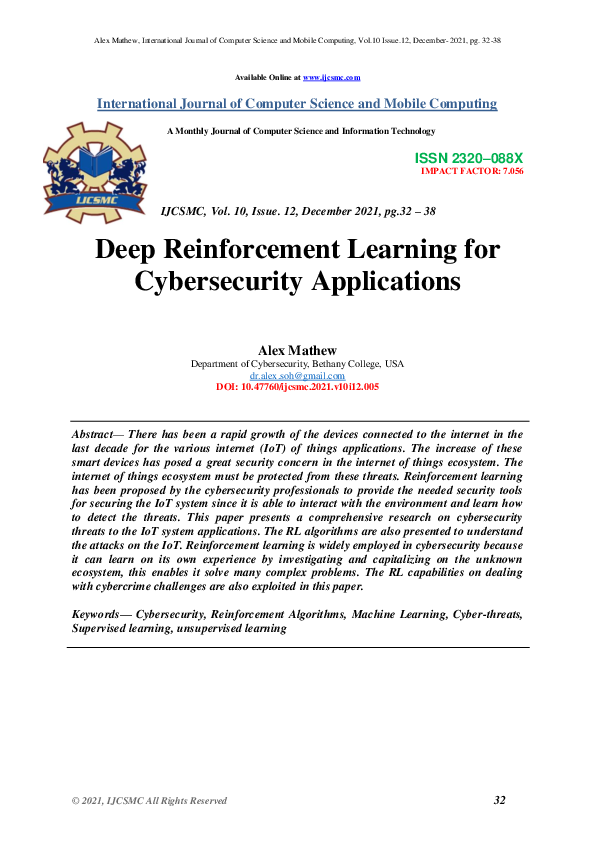 (PDF) Deep Reinforcement Learning for Cybersecurity Applications