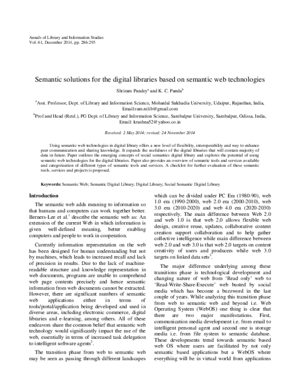 (PDF) Semantic solutions for the digital libraries based on semantic ...