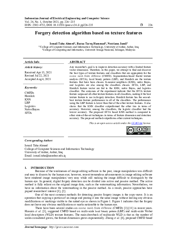(PDF) Forgery detection algorithm based on texture features