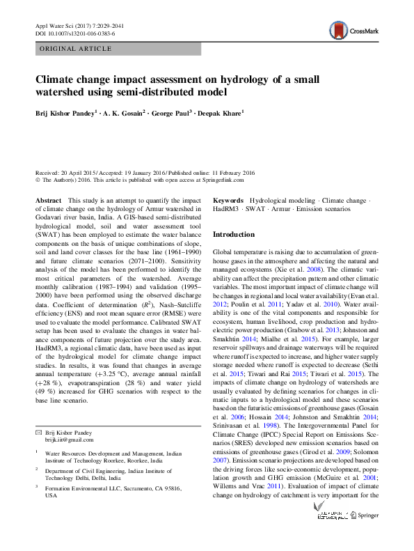 (PDF) Climate change impact assessment on hydrology of a small ...