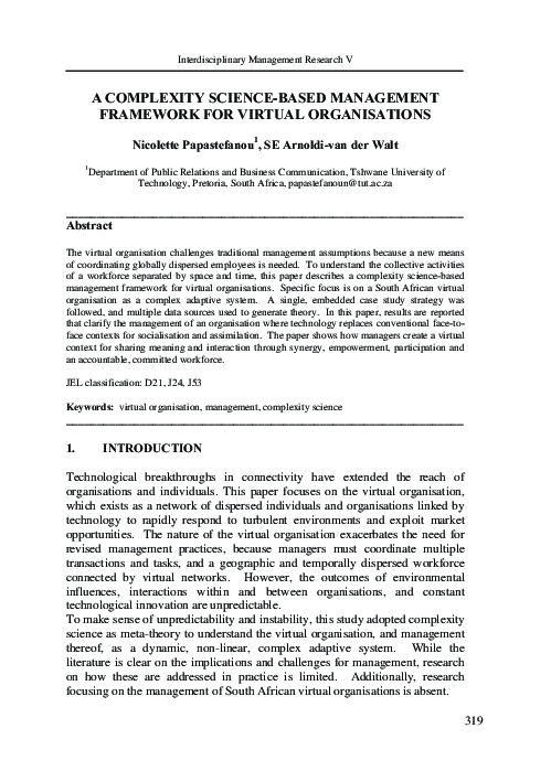 (PDF) A Complexity Science - Based Management Framework for Virtual ...