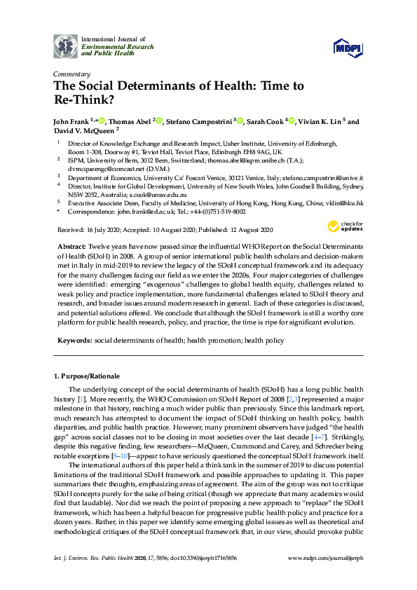 (PDF) The Social Determinants of Health: Time to Re-Think?