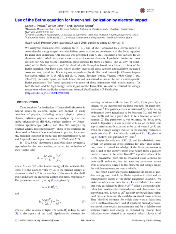 (PDF) Use of the Bethe equation for inner-shell ionization by electron ...