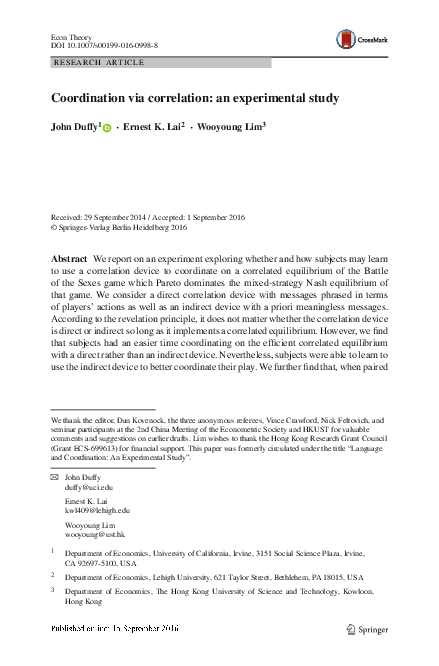 (PDF) Coordination via correlation: an experimental study