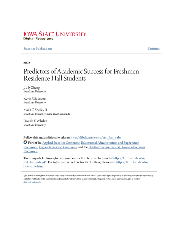 (PDF) Predictors of Academic Success for Freshmen Residence Hall Students