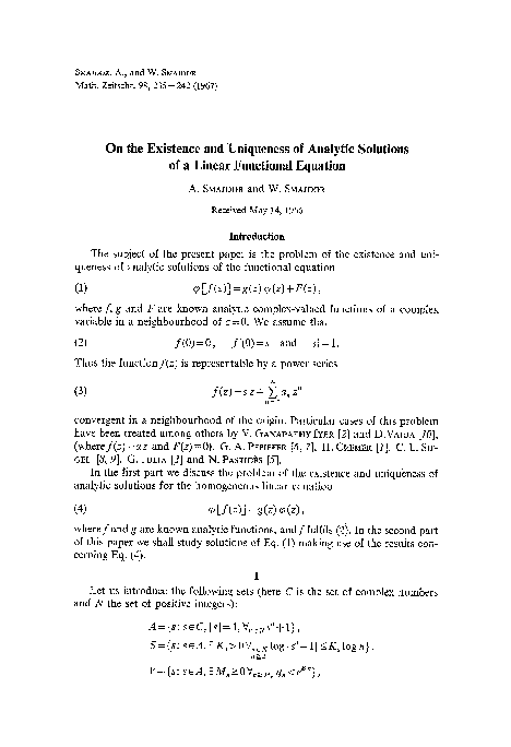 (PDF) On the existence and uniqueness of analytic solutions of a linear ...