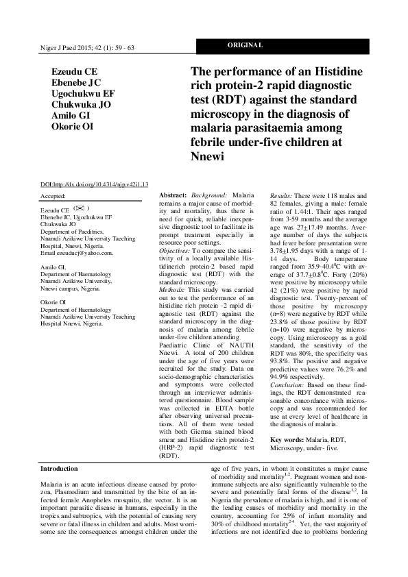 (PDF) The performance of an Histidine rich protein-2 rapid diagnostic ...