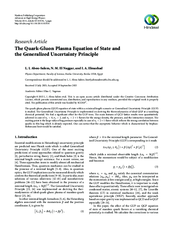 (PDF) The Quark-Gluon Plasma Equation of State and The Generalized ...