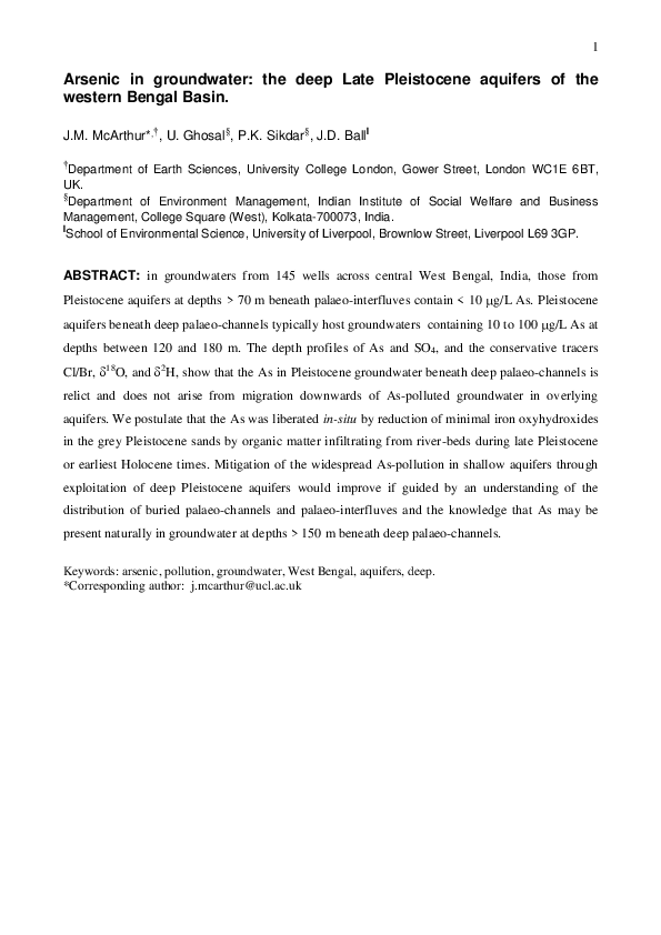 (PDF) Arsenic in Groundwater: The Deep Late Pleistocene Aquifers of the ...