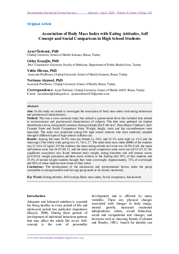 (PDF) Association of Body Mass Index with Eating Attitudes , Self ...