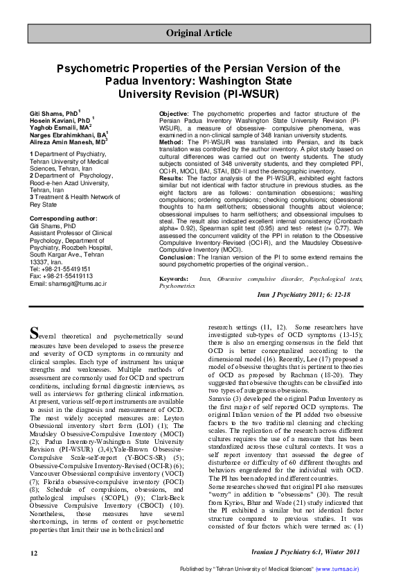 (PDF) Psychometric Properties of the Persian Version of the Padua ...