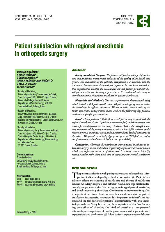 (PDF) Patient satisfaction with regional anesthesia in orthopedic surgery