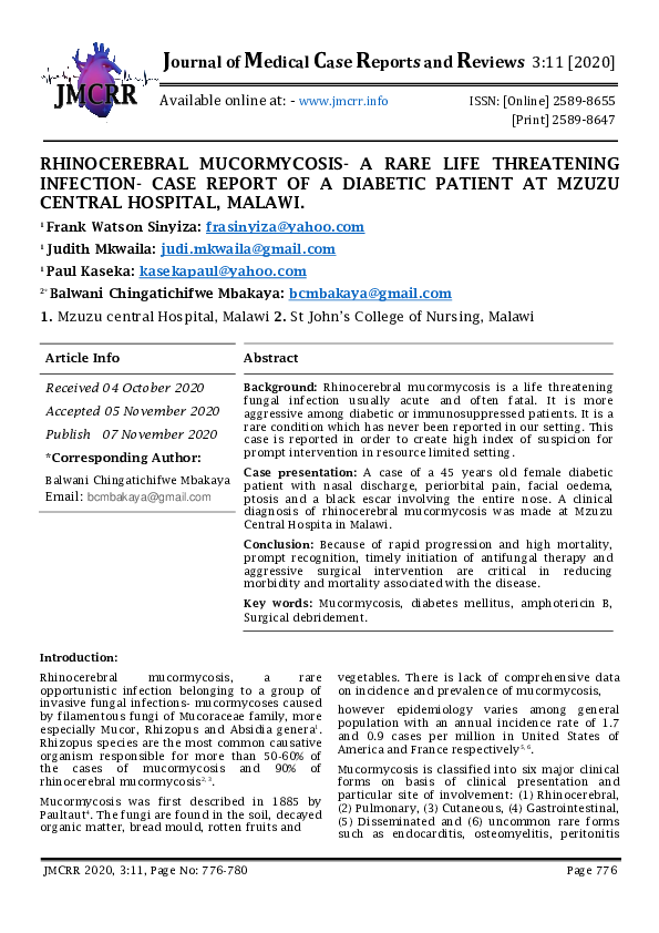 (PDF) Rhinocerebral Mucormycosis- a Rare Life Threatening Infection ...