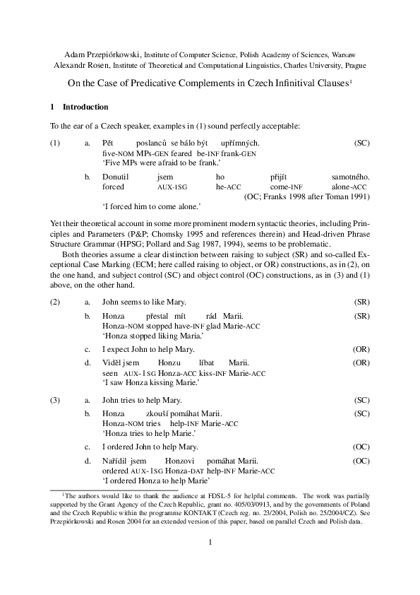 (PDF) On the Case of Predicative Complements in Czech Infinitival Clauses1