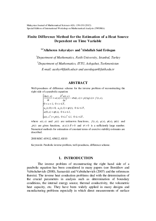 (PDF) Finite Difference Method for the Estimation of a Heat Source ...