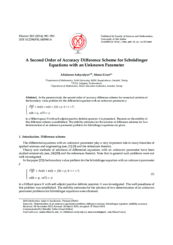 (PDF) A second order of accuracy difference scheme for Schrödinger ...