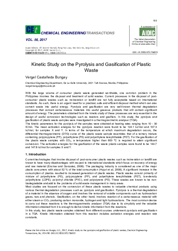 (PDF) Kinetic Study on the Pyrolysis and Gasification of Plastic Wastes