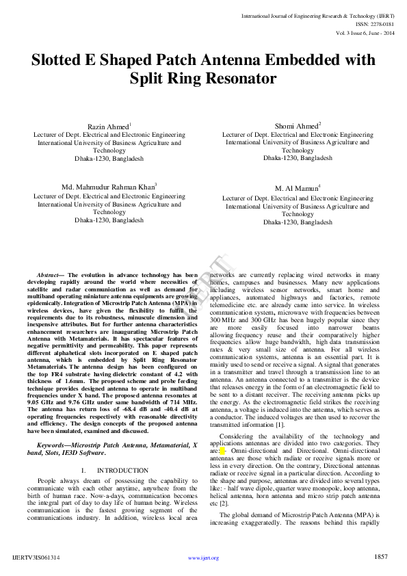 (PDF) Slotted E Shaped Patch Antenna Embedded with Split Ring Resonator