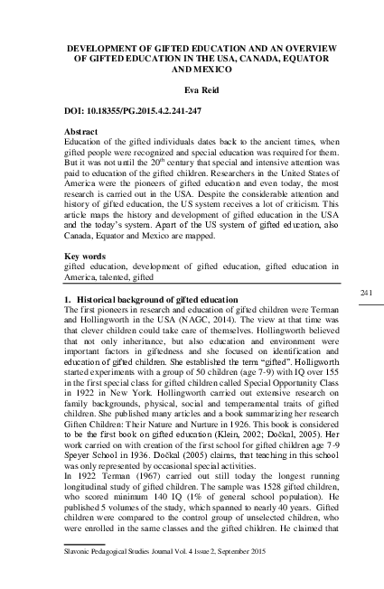 Development of Gifted Education and an Overview of Gifted Education in the Usa, Canada, Equator and Mexico