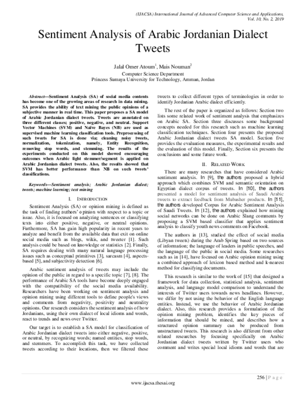 (PDF) Sentiment Analysis of Arabic Jordanian Dialect Tweets
