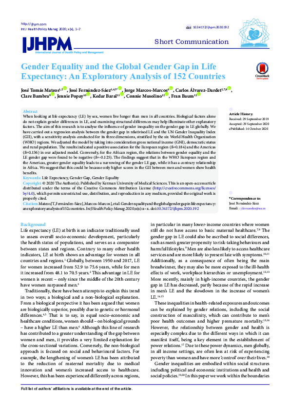 (PDF) Gender Equality and the Global Gender Gap in Life Expectancy: An ...