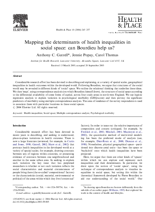 (PDF) Mapping the determinants of health inequalities in social space ...