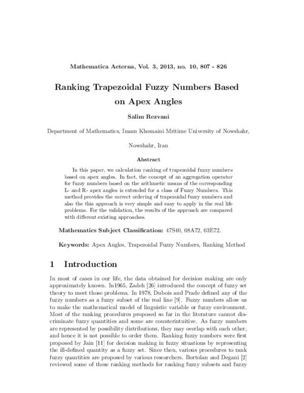 (PDF) Ranking Trapezoidal Fuzzy Numbers Based on Apex Angles