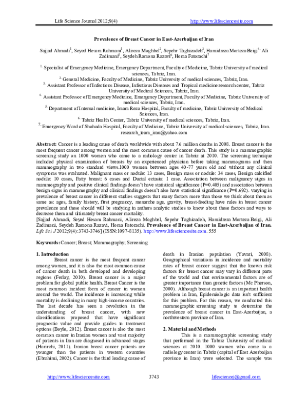 (PDF) Prevalence of Breast Cancer in East-Azerbaijan of Iran