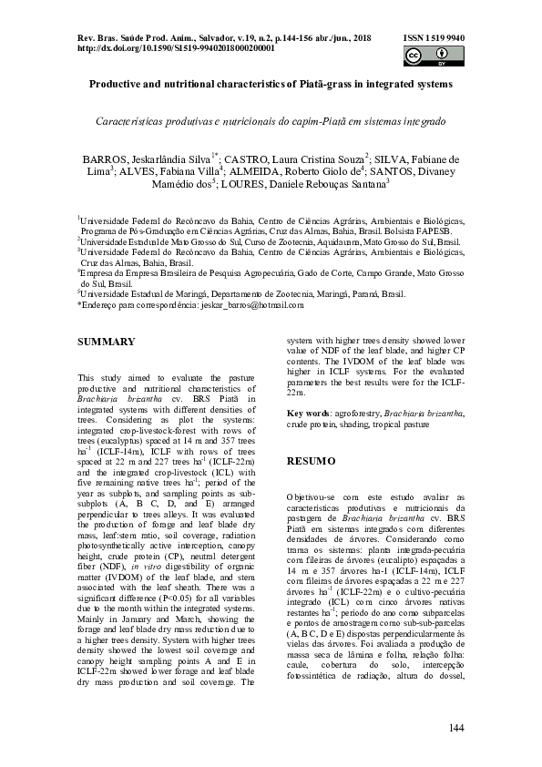 (PDF) Productive and nutritional characteristics of Piatã-grass in ...
