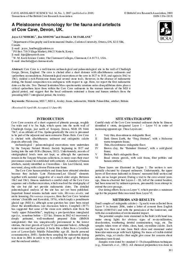 (PDF) A Pleistocene chronology for the fauna and artefacts of Cow Cave ...