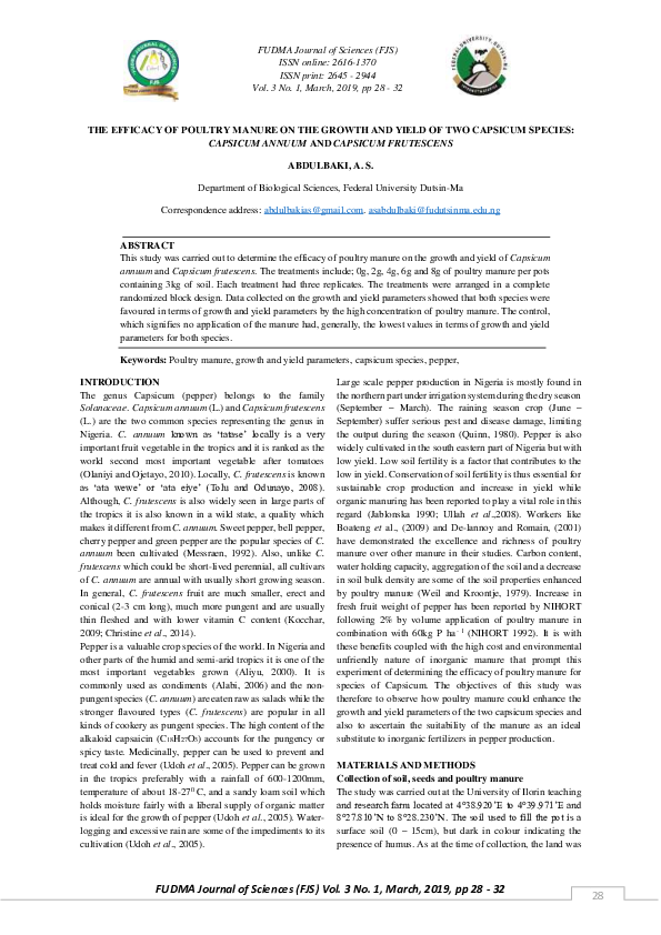 (PDF) The Efficacy of Poultry Manure on the Growth and Yield of Two ...