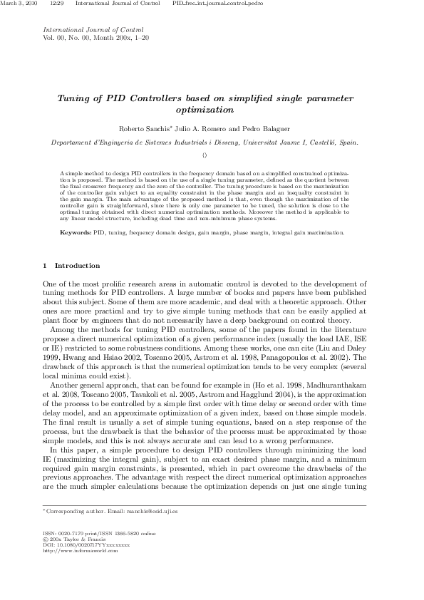 (PDF) Tuning of PID controllers based on simplified single parameter ...