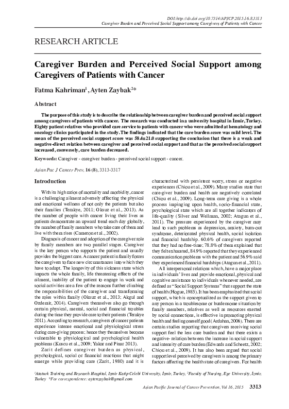 (PDF) Caregiver Burden and Perceived Social Support among Caregivers of ...