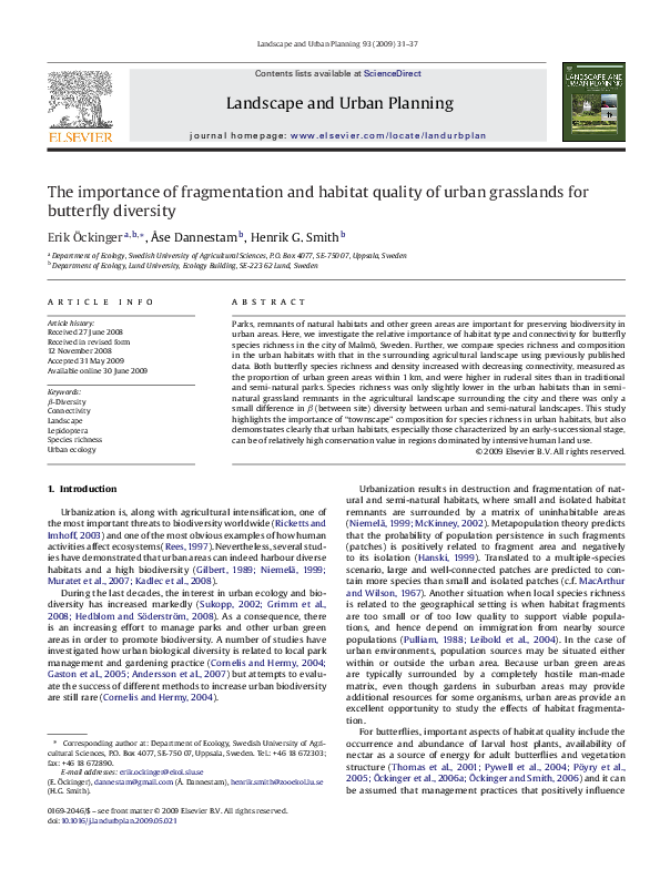 (PDF) The importance of fragmentation and habitat quality of urban ...