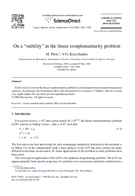 (PDF) On a “stability” in the linear complementarity problem