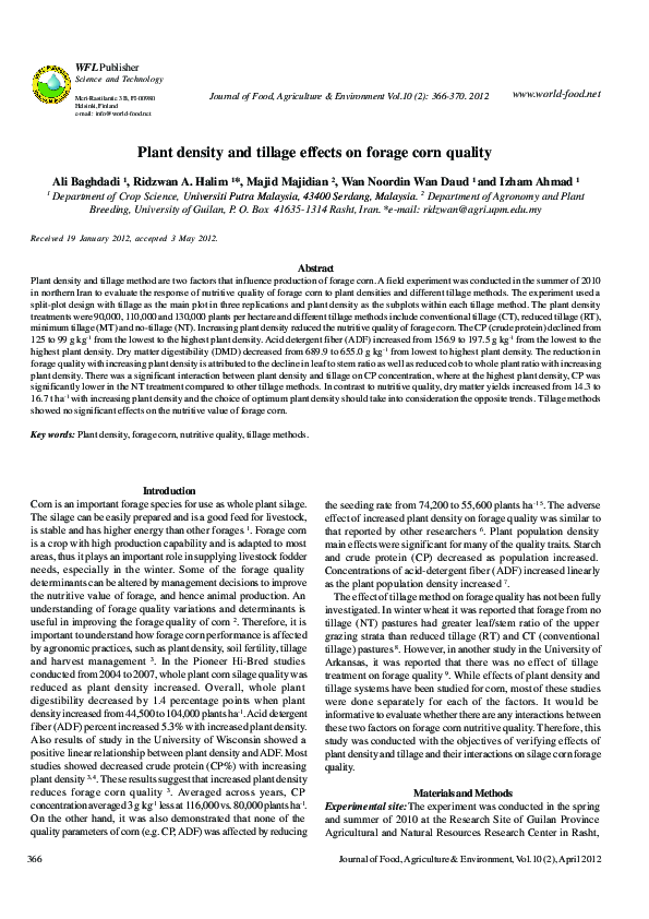 (PDF) Plant density and tillage effects on forage corn quality