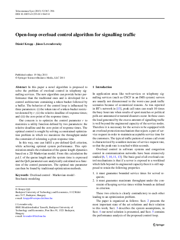 (PDF) Open-loop overload control algorithm for signalling traffic