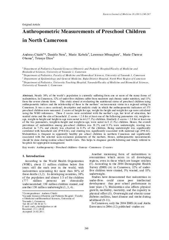 (PDF) Anthropometric Measurements of Preschool Children in North Cameroon