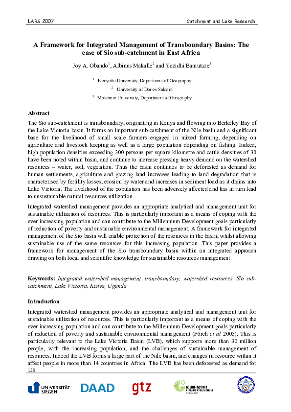 (PDF) A Framework for Integrated Management of Transboundary Basins ...