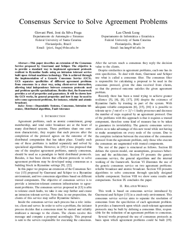(PDF) Consensus Service to Solve Agreement Problems